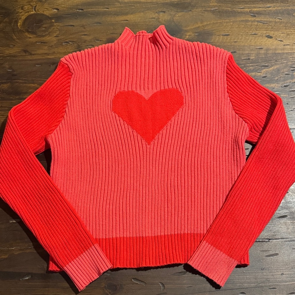 ❤️ Red Ribbed Mock Neck Valentines Sweater with Heart Design 💕